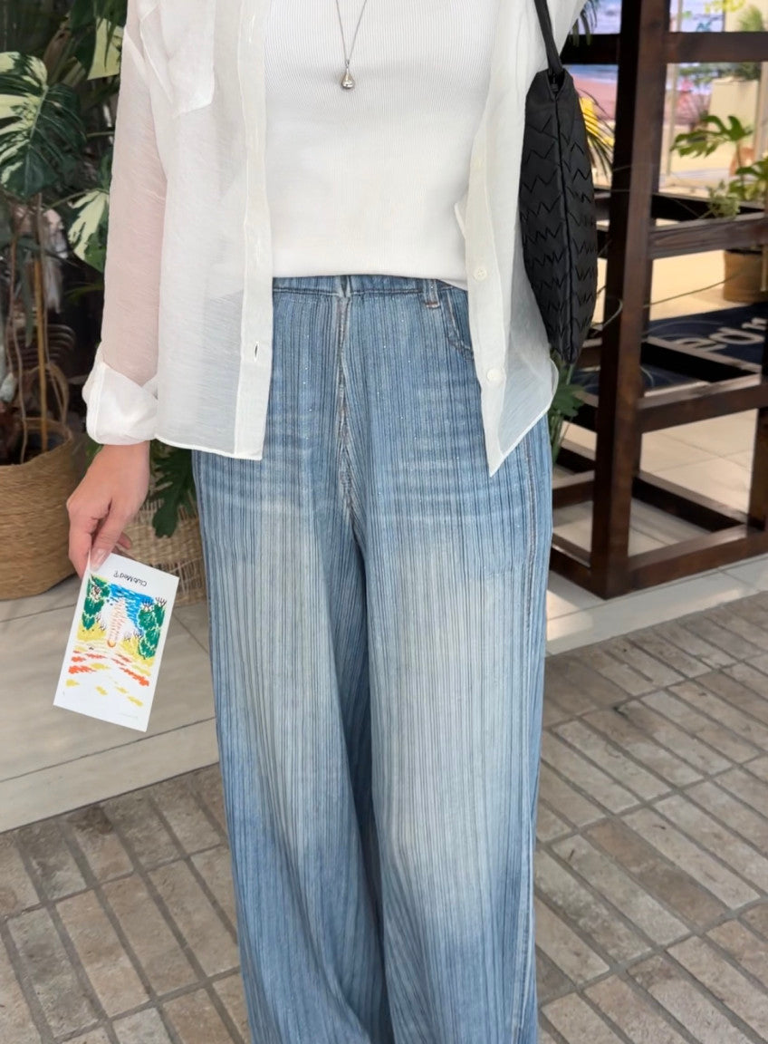 👖💙 [77-88가능] 여름엔 청바지 말고 청플리츠! 한국생산 아이스 데님 플리츠 와이드 팬츠 💙👖 체형커버 밴딩팬츠 · 시원한 여름팬츠 · 데님룩 플리츠팬츠 | Made in Korea Ice Denim Pleated Wide Pants ✨