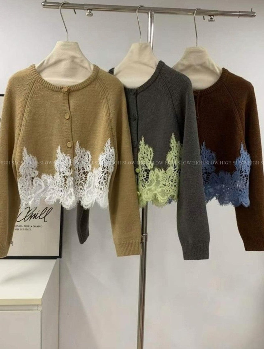 🧶 [레이스 포인트] 배색 레이스 울 니트 가디건 | Contrast Lace Wool Knit Cardigan