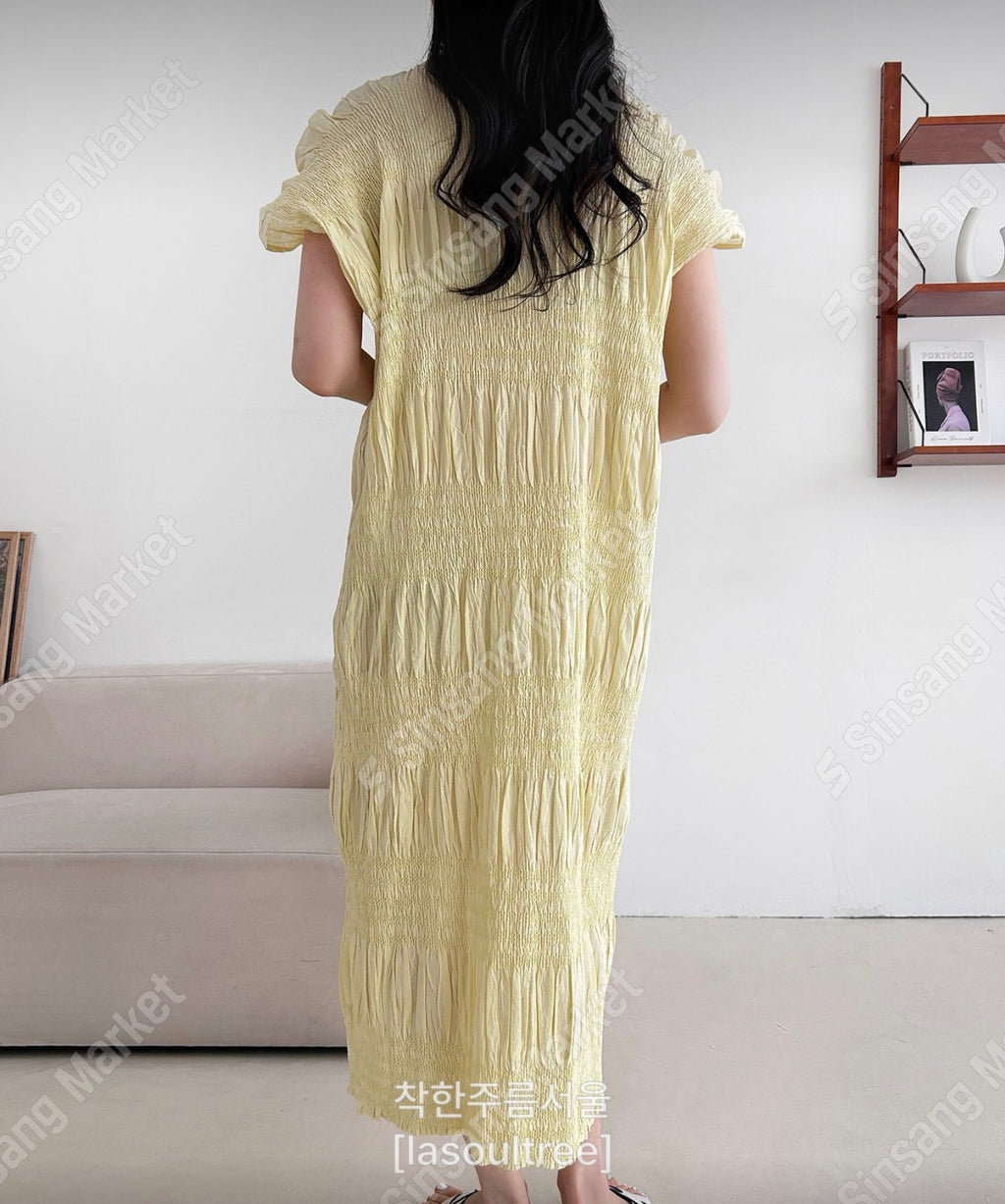 🌿 플리츠 스모그 이세 면 플리츠 롱 원피스 │ Issey Smocked Cotton Pleated Maxi Dress · 캡소매 · 체형커버 · 휴양지원피스 · 내추럴무드 · 55~77반 추천