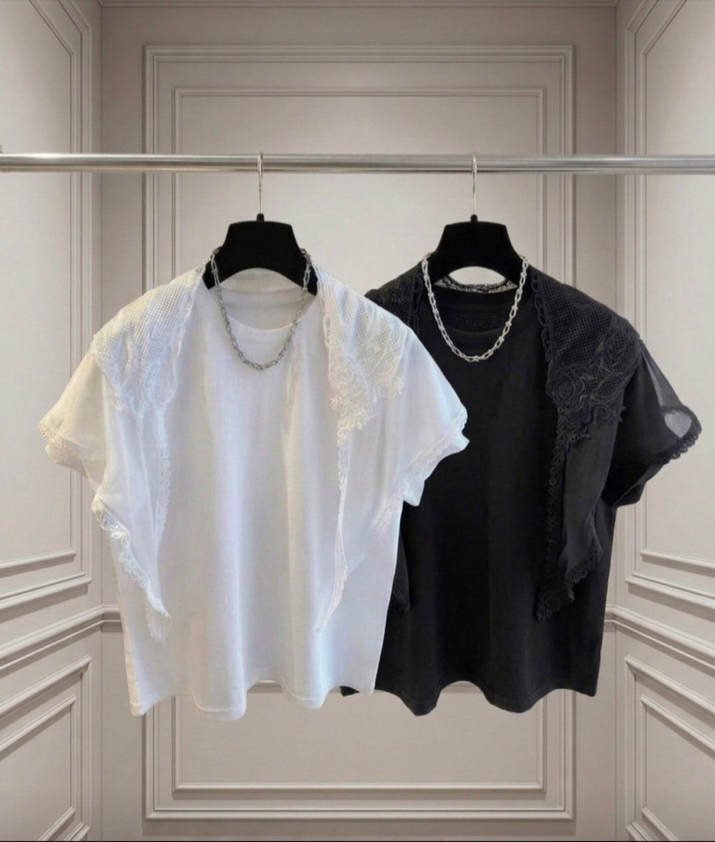🌿 [리더제이] [44~77까지] 레이스 머플러 포인트 실켓 티셔츠 여성 반팔티 데일리룩 레이어드 티 | Leader J Lace Scarf Point Silket T-Shirt