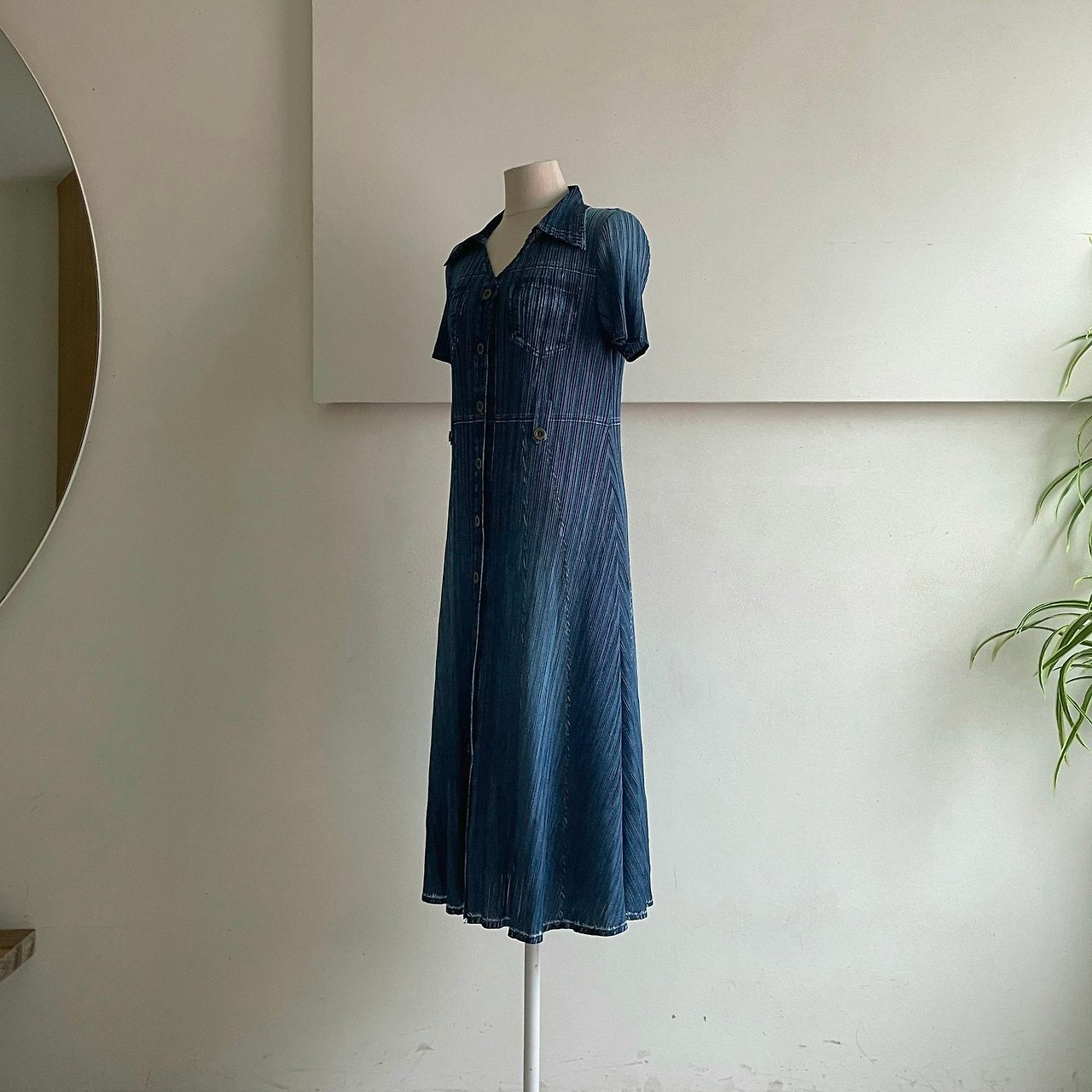 ✨ [44-66반까지예뻐요] 청 플리츠👗 데님 워싱 플리츠 카라 벨트 롱 원피스 | Denim Wash Pleated Collared Belted Long Dress ✨