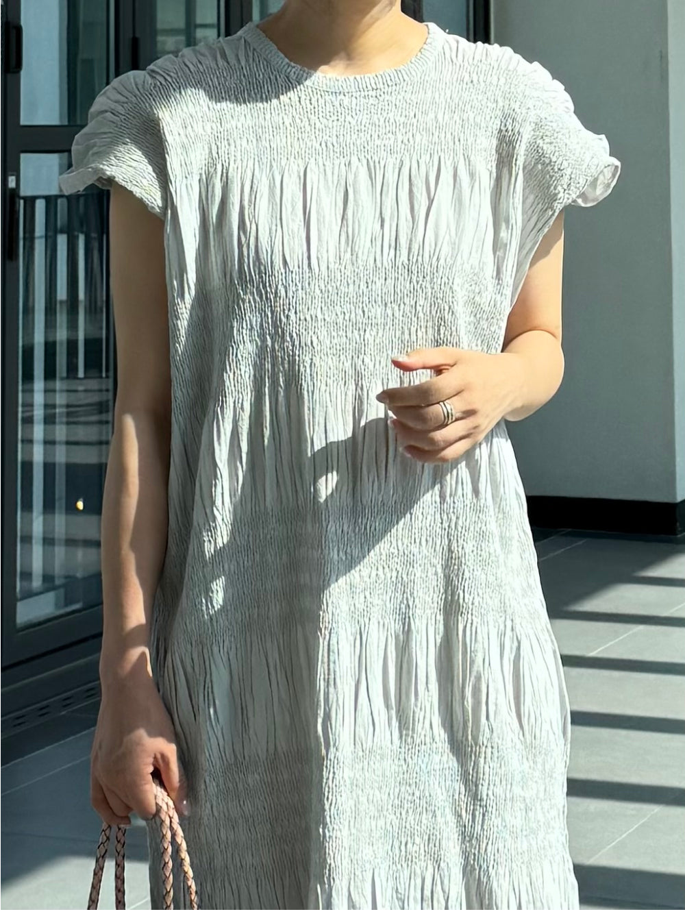 🌿 플리츠 스모그 이세 면 플리츠 롱 원피스 │ Issey Smocked Cotton Pleated Maxi Dress · 캡소매 · 체형커버 · 휴양지원피스 · 내추럴무드 · 55~77반 추천