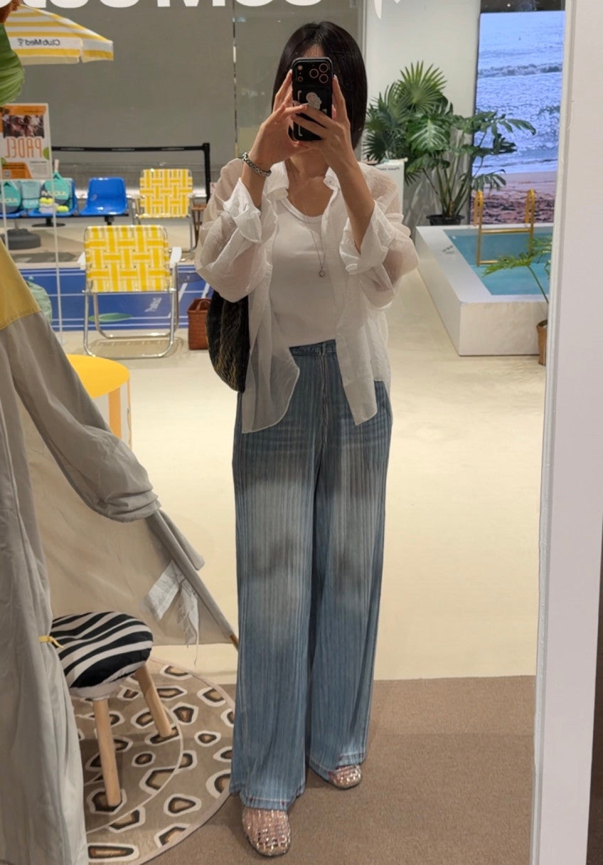 👖💙 [77-88가능] 여름엔 청바지 말고 청플리츠! 한국생산 아이스 데님 플리츠 와이드 팬츠 💙👖 체형커버 밴딩팬츠 · 시원한 여름팬츠 · 데님룩 플리츠팬츠 | Made in Korea Ice Denim Pleated Wide Pants ✨