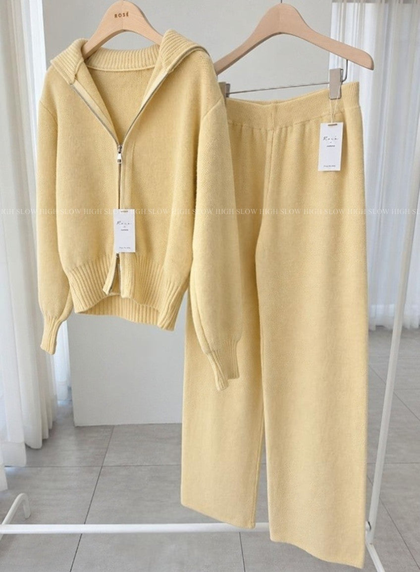 🧶 [로제ROSE] 포근한 라운지 집업 니트 & 와이드 팬츠 세트 | Cozy Knit Zip-Up & Wide Pants Set