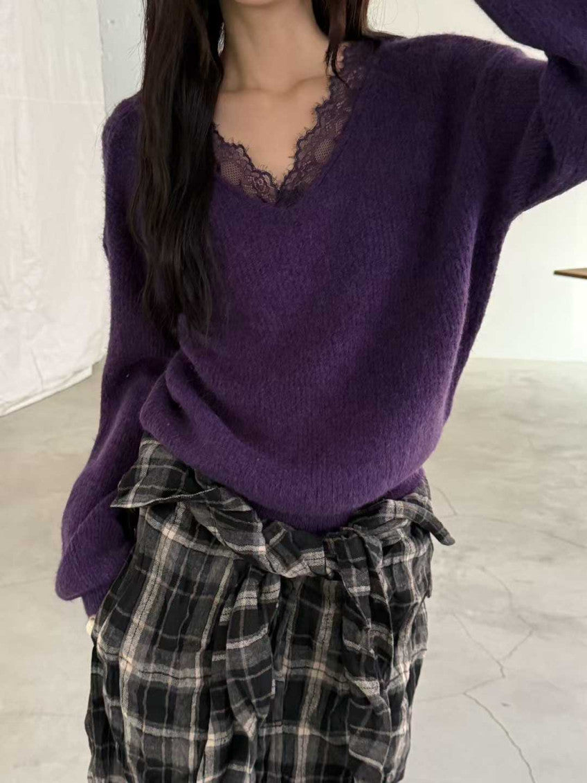 💜 톡시 레이스 V넥 앙고라 니트 | Lace V-Neck Angora Knit