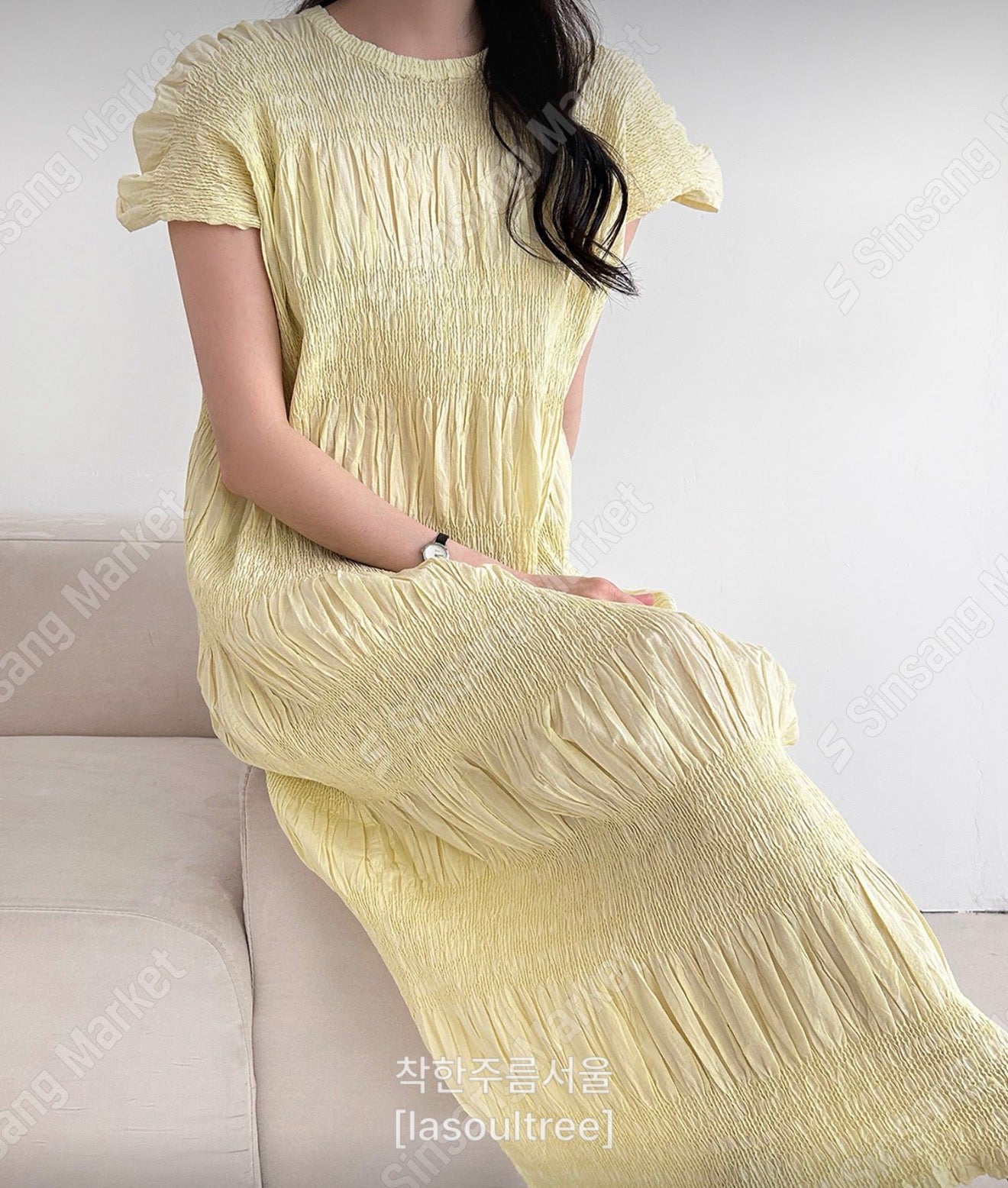 🌿 플리츠 스모그 이세 면 플리츠 롱 원피스 │ Issey Smocked Cotton Pleated Maxi Dress · 캡소매 · 체형커버 · 휴양지원피스 · 내추럴무드 · 55~77반 추천