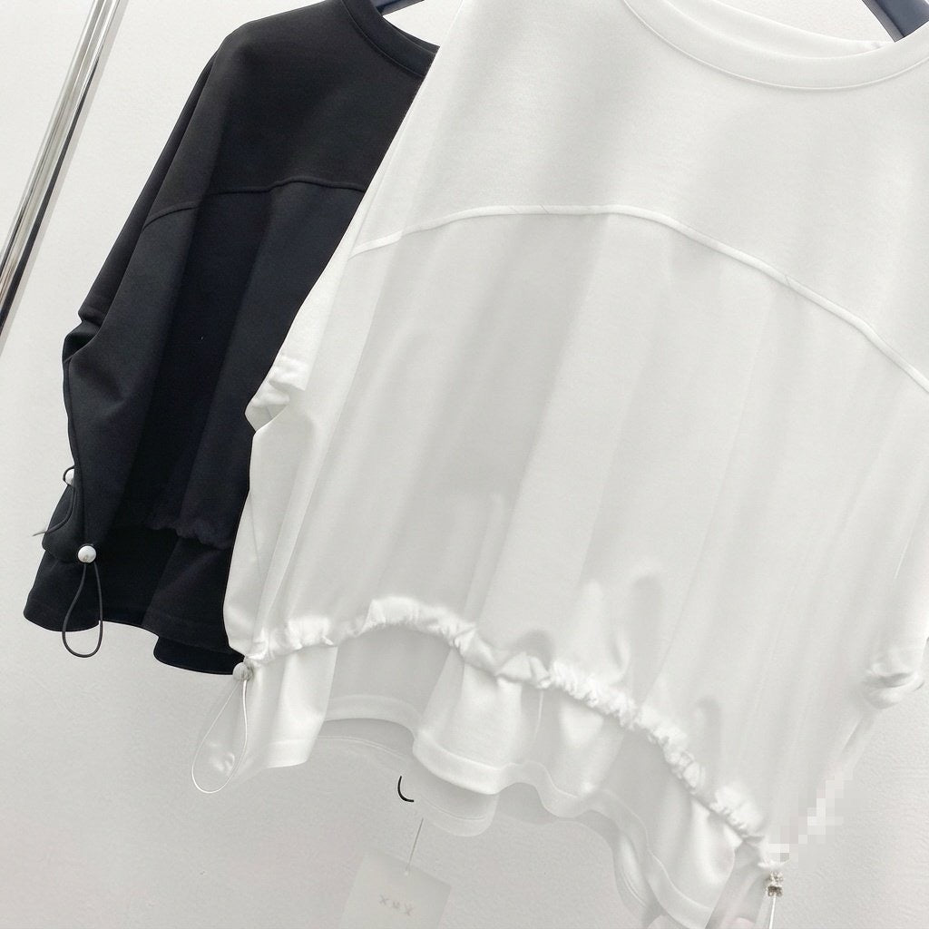 🖤 [리더제이] [44~88까지] 라운드 허리 스트링 5부 반팔 티셔츠 오버핏 체형커버 티 | Leader J Round String Half Sleeve T-Shirt