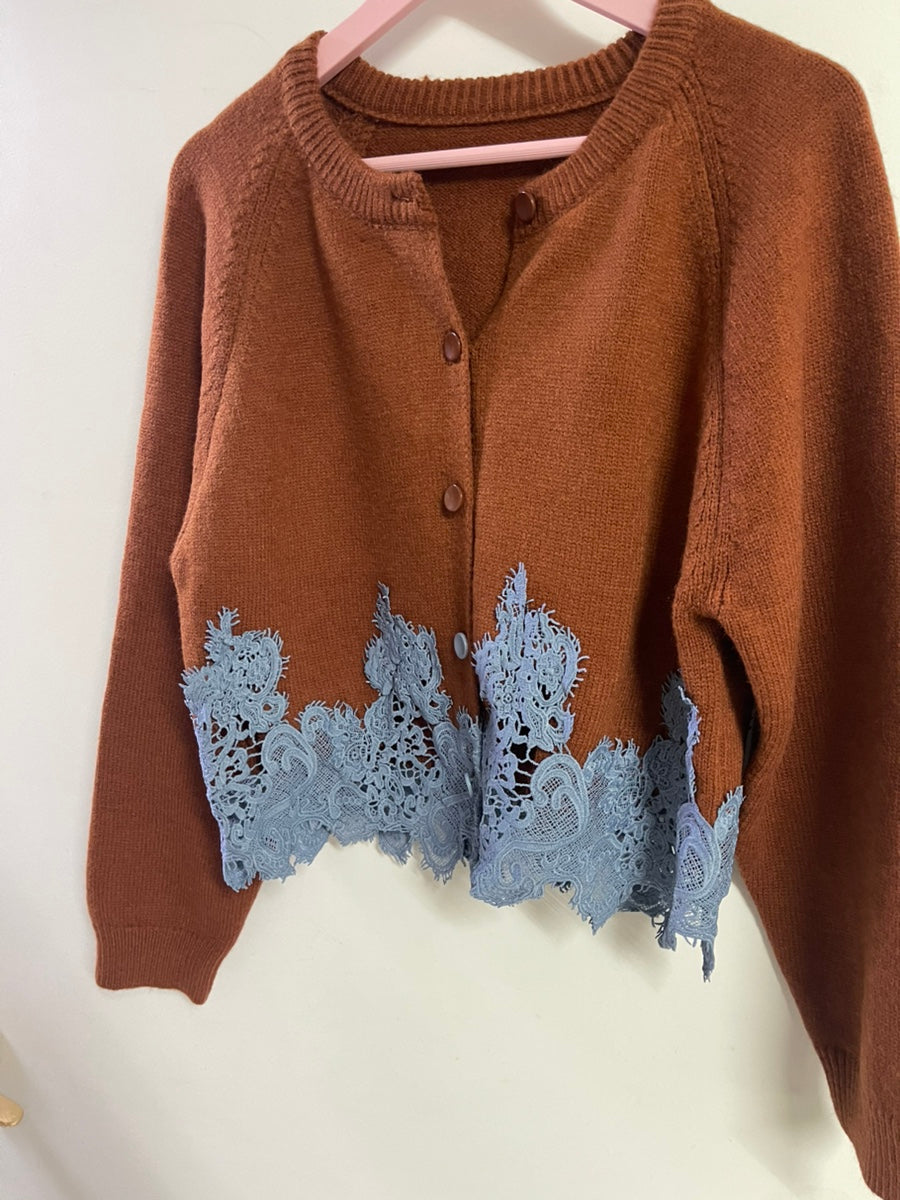 🧶 [레이스 포인트] 배색 레이스 울 니트 가디건 | Contrast Lace Wool Knit Cardigan