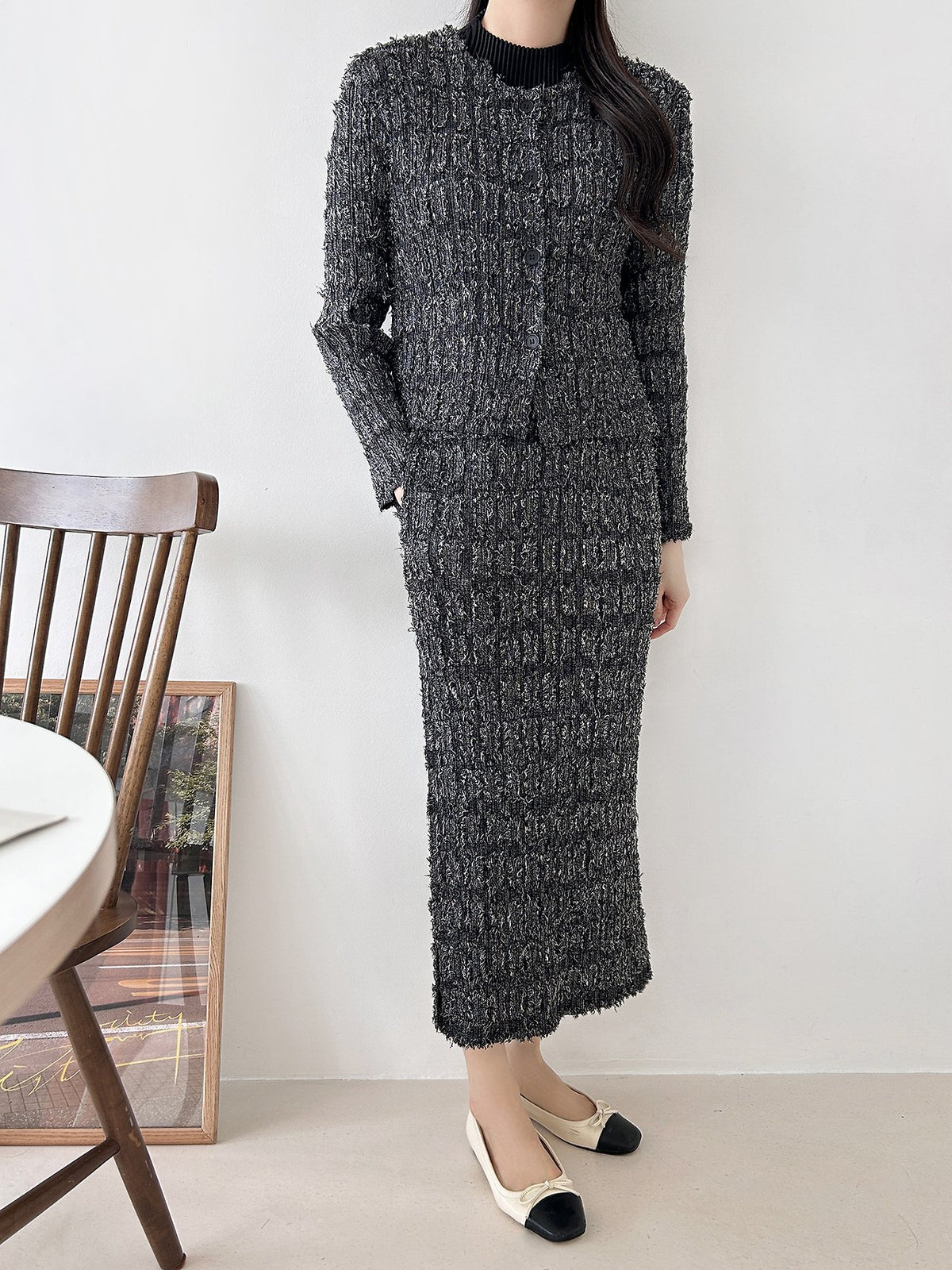 ✨ [플리츠트위드] 고급스러운 텍스처, 플리츠 트위드 자켓 & 스커트 세트 | Pleated Tweed Jacket & Skirt Set