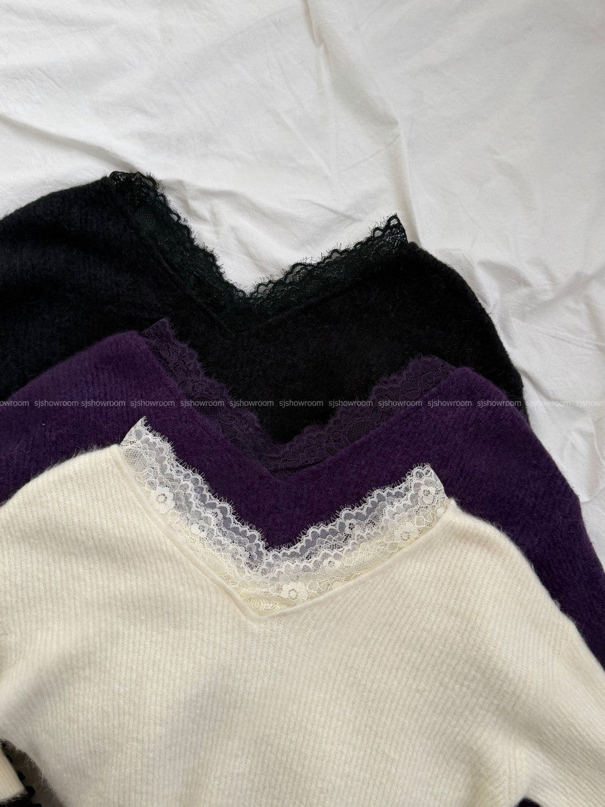 💜 톡시 레이스 V넥 앙고라 니트 | Lace V-Neck Angora Knit