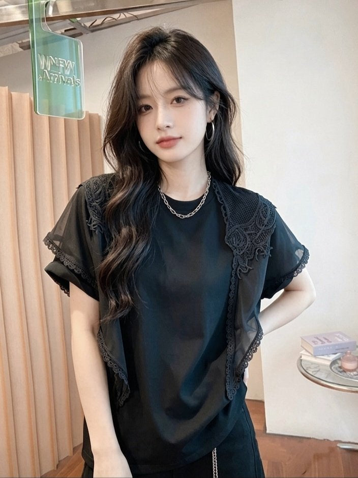 🌿 [리더제이] [44~77까지] 레이스 머플러 포인트 실켓 티셔츠 여성 반팔티 데일리룩 레이어드 티 | Leader J Lace Scarf Point Silket T-Shirt