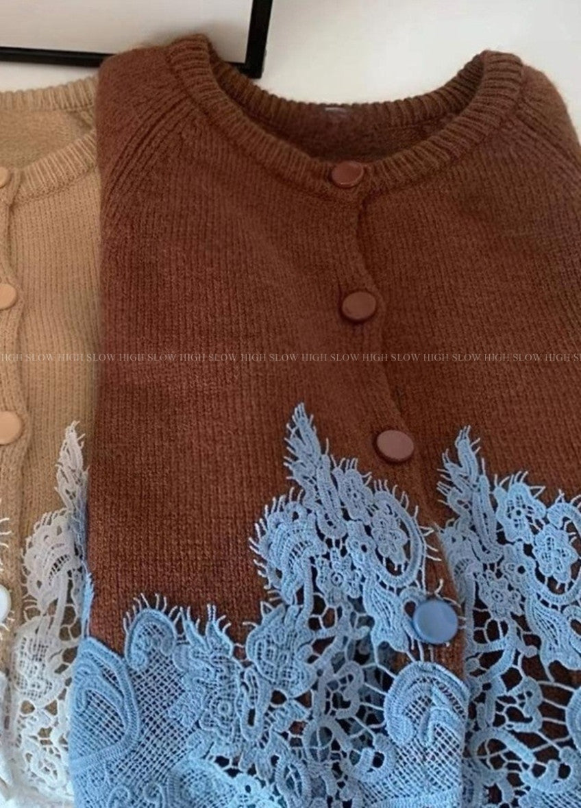 🧶 [레이스 포인트] 배색 레이스 울 니트 가디건 | Contrast Lace Wool Knit Cardigan
