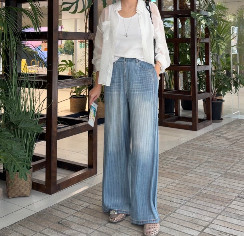 👖💙 [77-88가능] 여름엔 청바지 말고 청플리츠! 한국생산 아이스 데님 플리츠 와이드 팬츠 💙👖 체형커버 밴딩팬츠 · 시원한 여름팬츠 · 데님룩 플리츠팬츠 | Made in Korea Ice Denim Pleated Wide Pants ✨