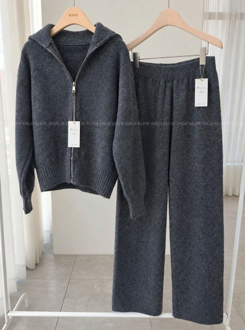 🧶 [로제ROSE] 포근한 라운지 집업 니트 & 와이드 팬츠 세트 | Cozy Knit Zip-Up & Wide Pants Set