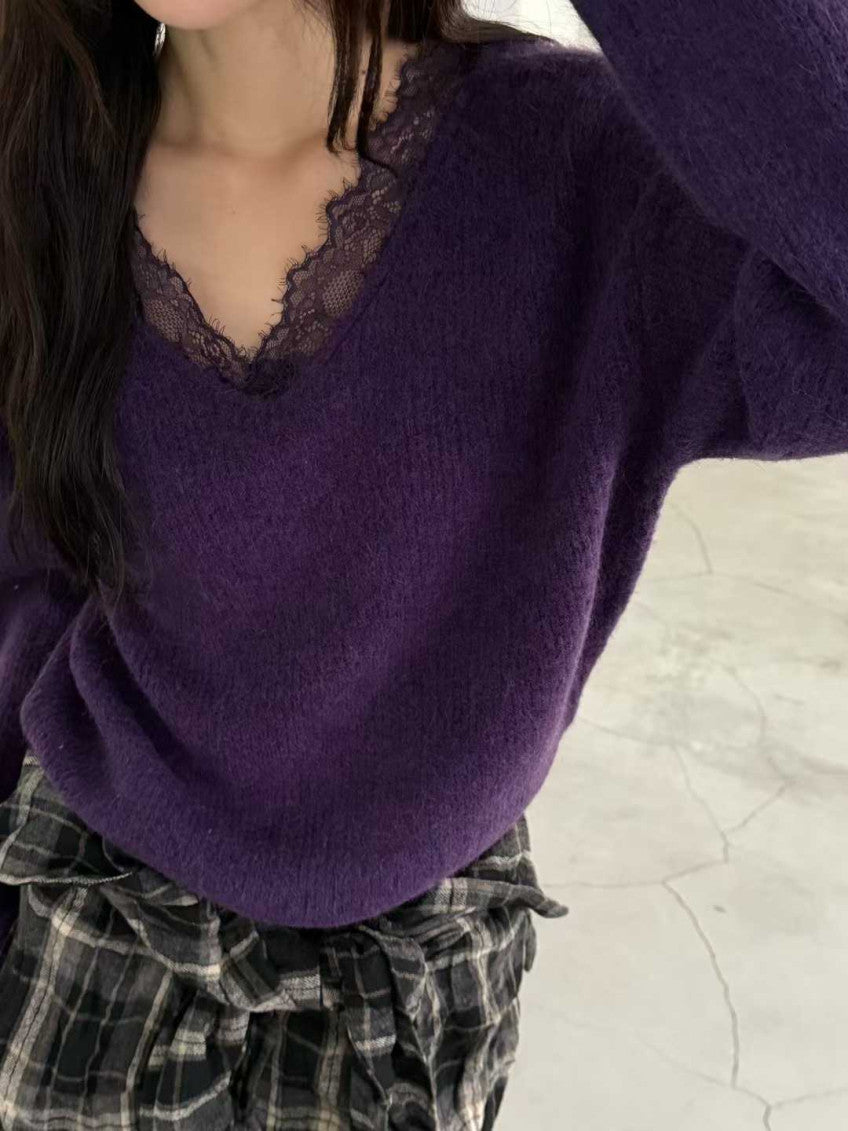 💜 톡시 레이스 V넥 앙고라 니트 | Lace V-Neck Angora Knit