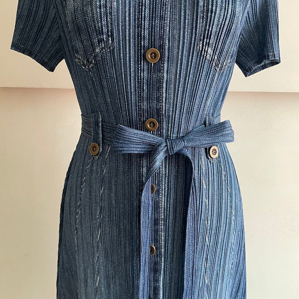 ✨ [44-66반까지예뻐요] 청 플리츠👗 데님 워싱 플리츠 카라 벨트 롱 원피스 | Denim Wash Pleated Collared Belted Long Dress ✨
