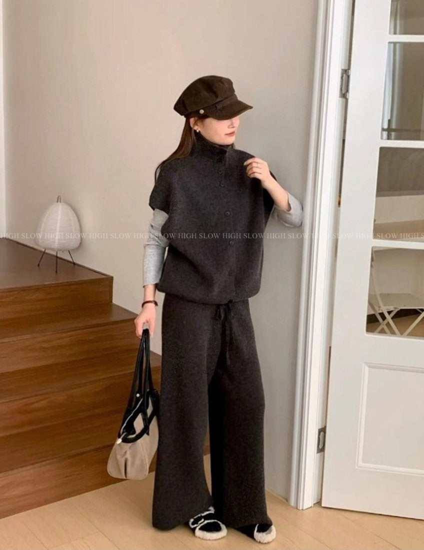 🧶 터틀하이넥 니트 베스트 & 와이드 팬츠 세트 | Turtleneck Knit Vest & Wide Pants Set