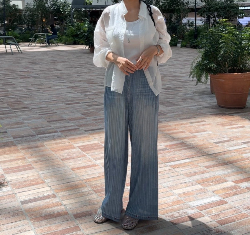 👖💙 [77-88가능] 여름엔 청바지 말고 청플리츠! 한국생산 아이스 데님 플리츠 와이드 팬츠 💙👖 체형커버 밴딩팬츠 · 시원한 여름팬츠 · 데님룩 플리츠팬츠 | Made in Korea Ice Denim Pleated Wide Pants ✨