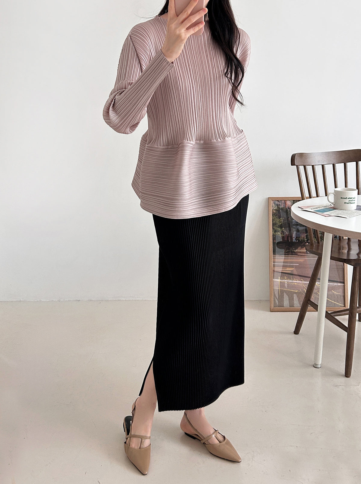 ✨ [플리츠] 샤이닝 볼륨 긴팔 티셔츠 | Shining Volume Pleated Top