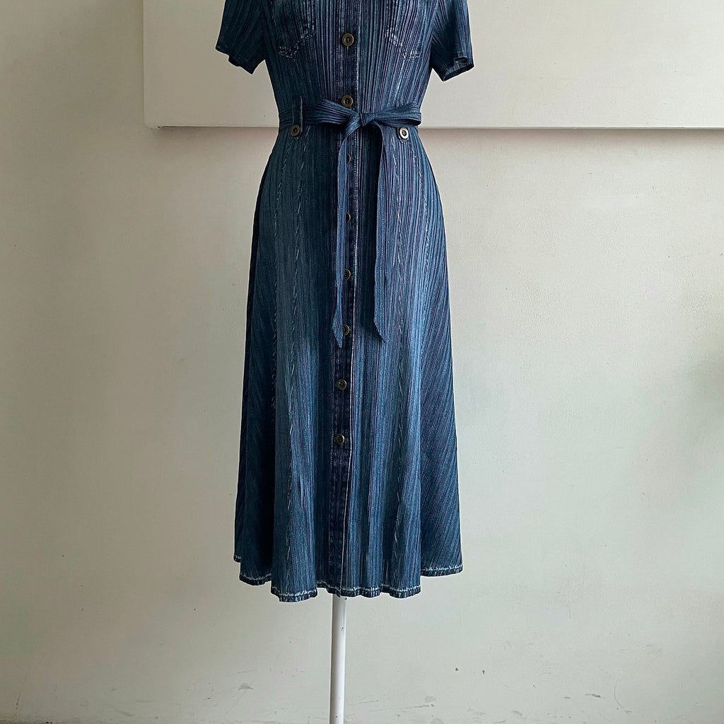 ✨ [44-66반까지예뻐요] 청 플리츠👗 데님 워싱 플리츠 카라 벨트 롱 원피스 | Denim Wash Pleated Collared Belted Long Dress ✨