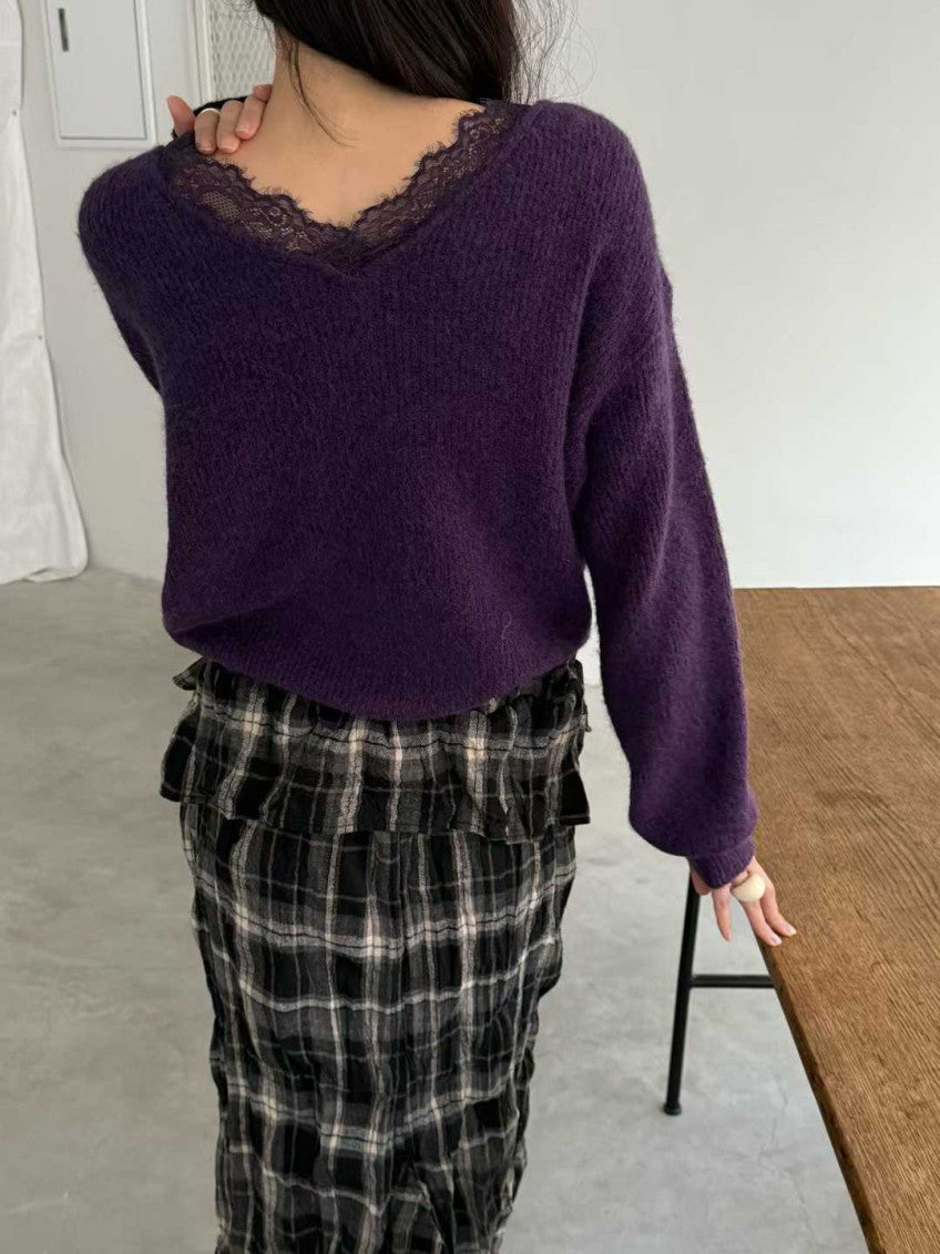 💜 톡시 레이스 V넥 앙고라 니트 | Lace V-Neck Angora Knit