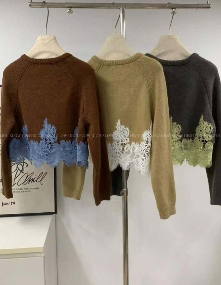🧶 [레이스 포인트] 배색 레이스 울 니트 가디건 | Contrast Lace Wool Knit Cardigan