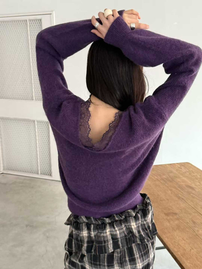💜 톡시 레이스 V넥 앙고라 니트 | Lace V-Neck Angora Knit