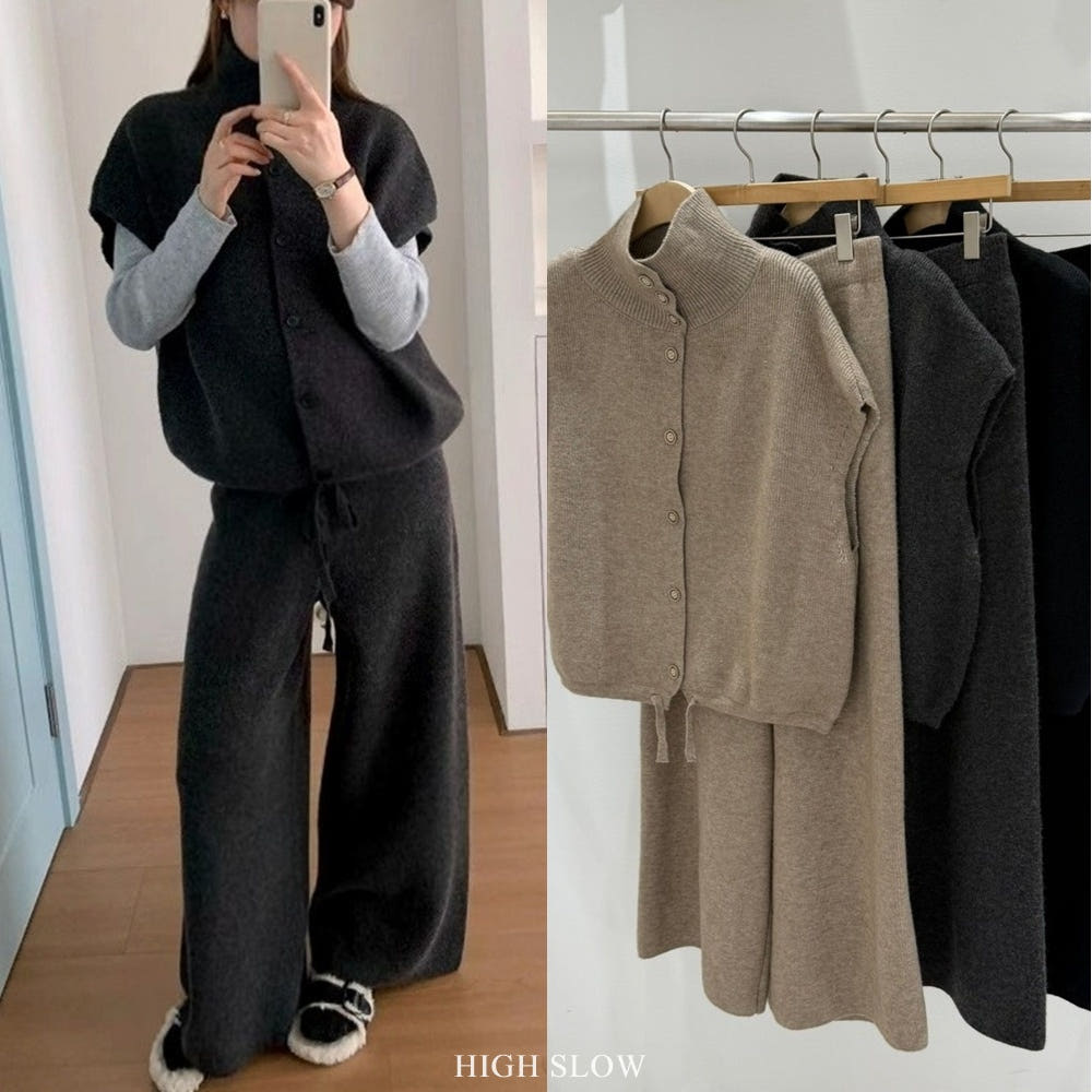 🧶 터틀하이넥 니트 베스트 & 와이드 팬츠 세트 | Turtleneck Knit Vest & Wide Pants Set