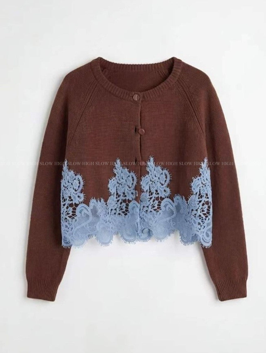🧶 [레이스 포인트] 배색 레이스 울 니트 가디건 | Contrast Lace Wool Knit Cardigan