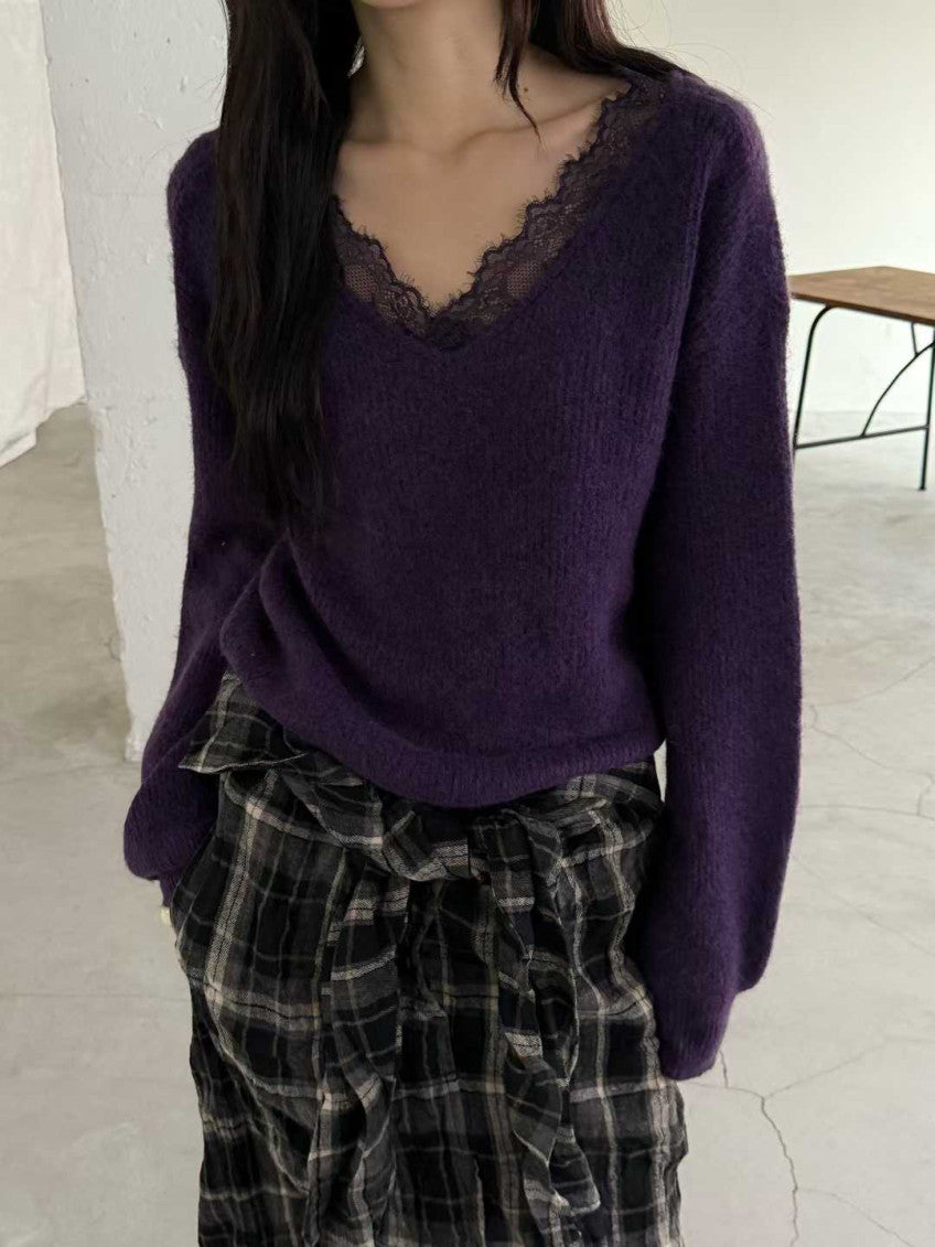 💜 톡시 레이스 V넥 앙고라 니트 | Lace V-Neck Angora Knit