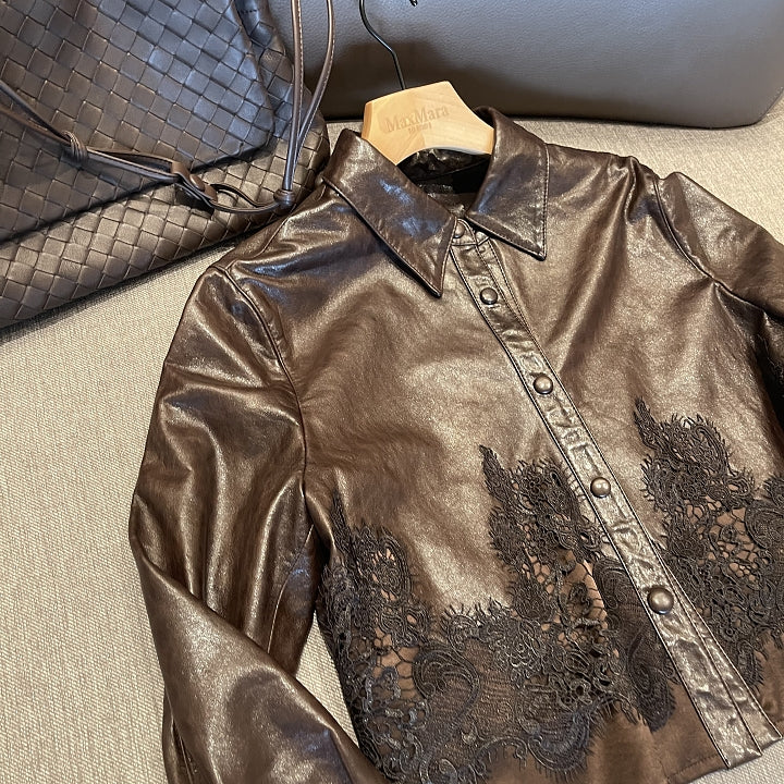 [프리미엄 고가 라인]🖤 청담동 며느리룩[PREMIUM] 100% 리얼 양가죽 레이스 셔츠 자켓 | Premium Lambskin Lace Shirt Jacket