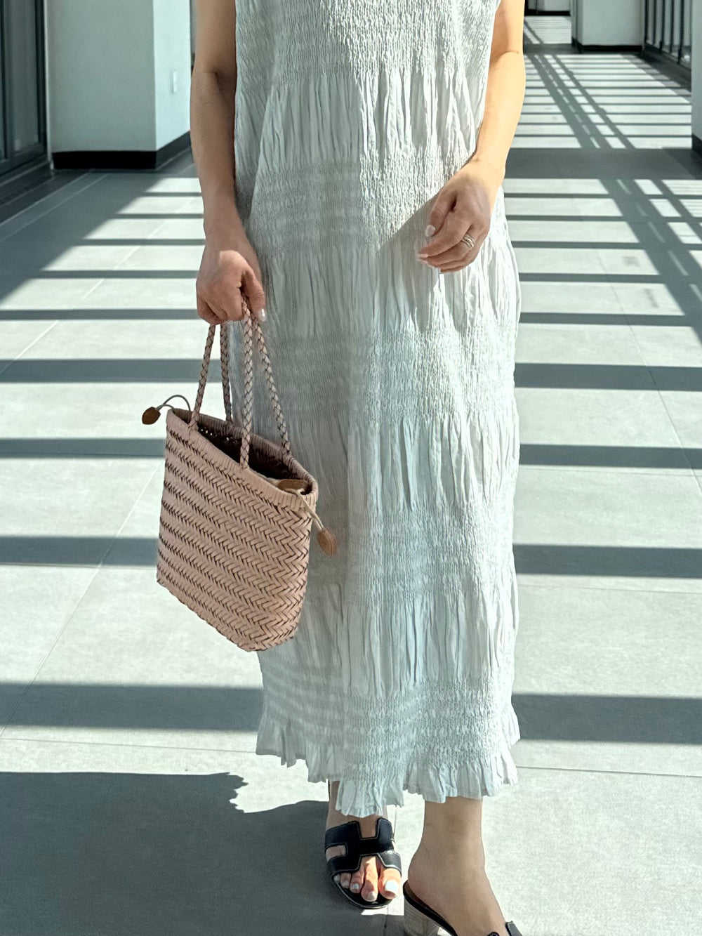 🌿 플리츠 스모그 이세 면 플리츠 롱 원피스 │ Issey Smocked Cotton Pleated Maxi Dress · 캡소매 · 체형커버 · 휴양지원피스 · 내추럴무드 · 55~77반 추천