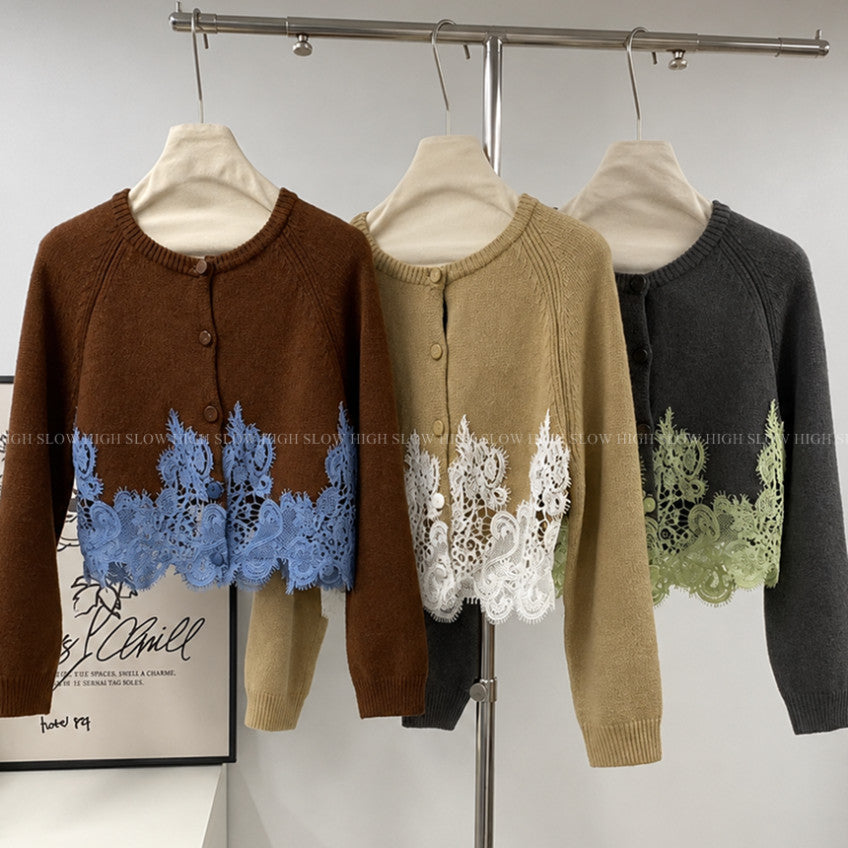 🧶 [레이스 포인트] 배색 레이스 울 니트 가디건 | Contrast Lace Wool Knit Cardigan