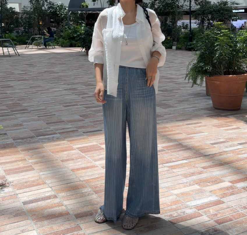 👖💙 [77-88가능] 여름엔 청바지 말고 청플리츠! 한국생산 아이스 데님 플리츠 와이드 팬츠 💙👖 체형커버 밴딩팬츠 · 시원한 여름팬츠 · 데님룩 플리츠팬츠 | Made in Korea Ice Denim Pleated Wide Pants ✨
