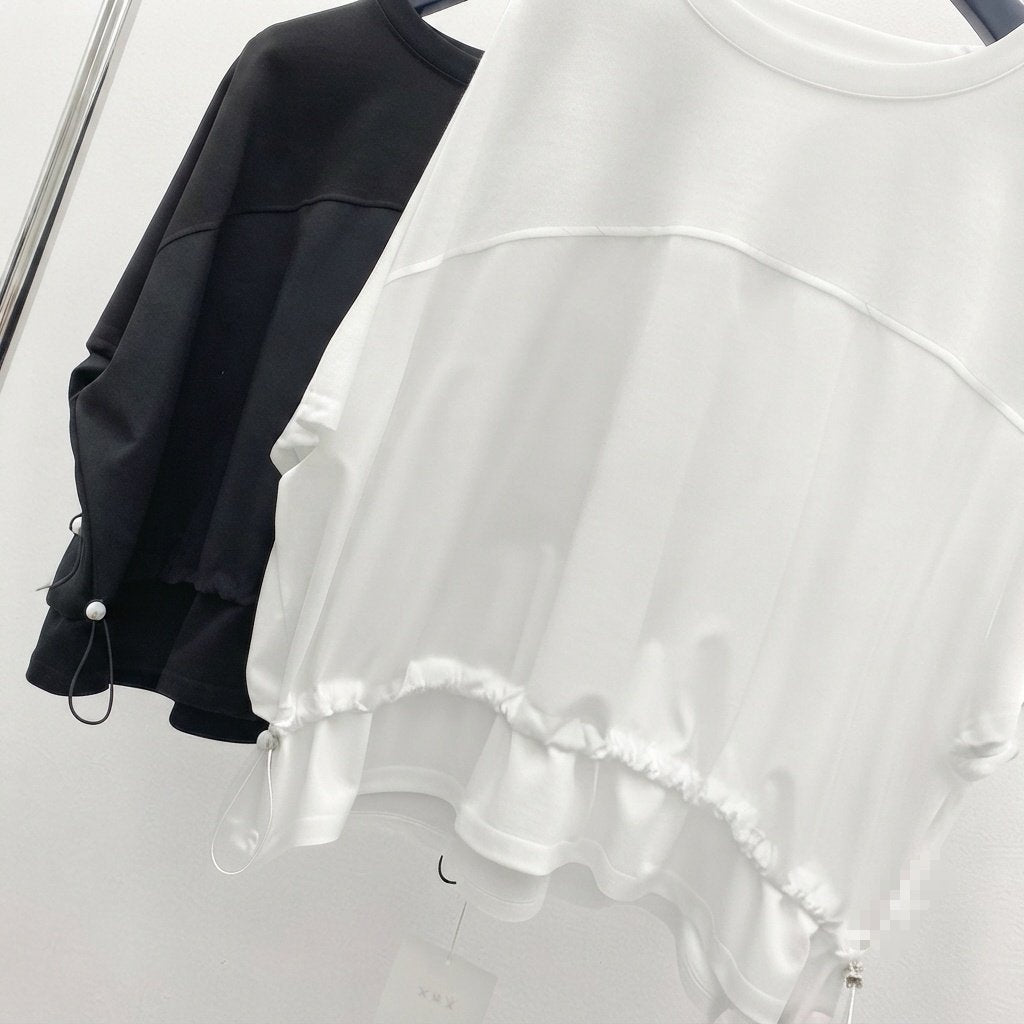 🖤 [리더제이] [44~88까지] 라운드 허리 스트링 5부 반팔 티셔츠 오버핏 체형커버 티 | Leader J Round String Half Sleeve T-Shirt