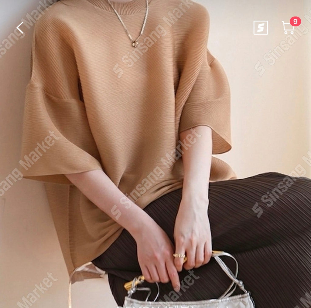 ✨🖤 [88가능] 루즈핏 오버핏 플리츠 반팔 블라우스 🖤✨ 체형커버 빅사이즈 플리츠 탑 · 퍼프소매 루즈핏 · 언발 기장 플리츠 블라우스 | Oversized Pleated Blouse