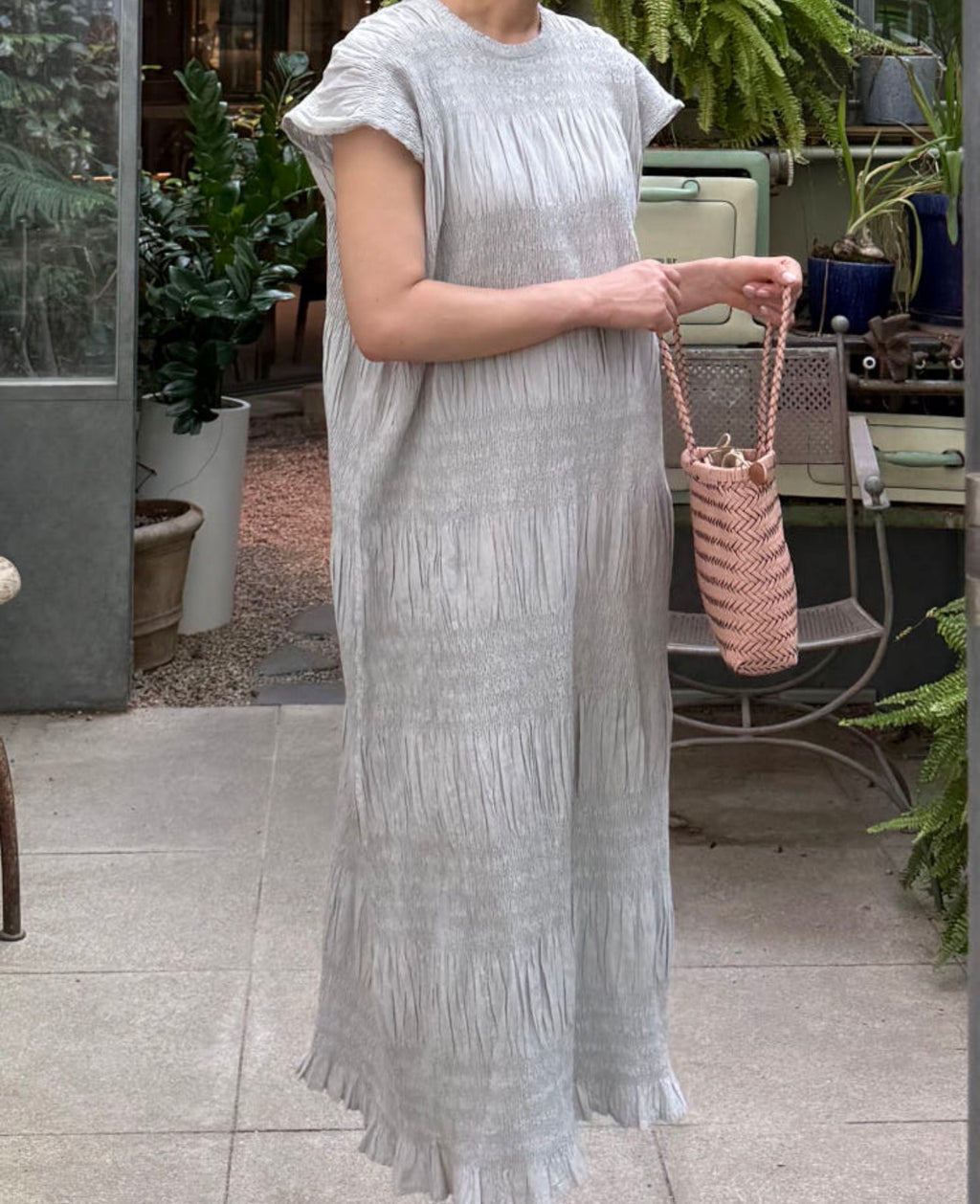 🌿 플리츠 스모그 이세 면 플리츠 롱 원피스 │ Issey Smocked Cotton Pleated Maxi Dress · 캡소매 · 체형커버 · 휴양지원피스 · 내추럴무드 · 55~77반 추천