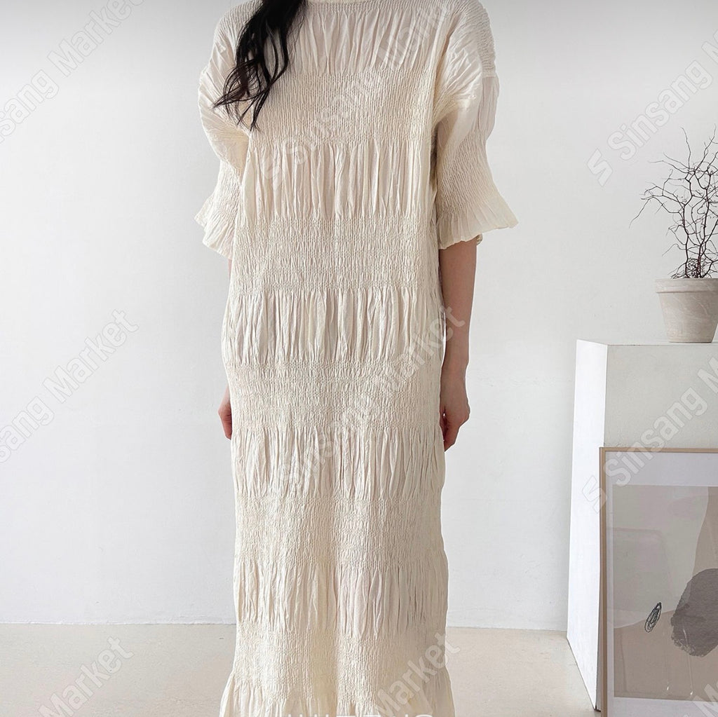 🌿 플리츠 스모그 이세 면 플리츠 롱 원피스 │ Issey Smocked Cotton Pleated Maxi Dress · 캡소매 · 체형커버 · 휴양지원피스 · 내추럴무드 · 55~77반 추천