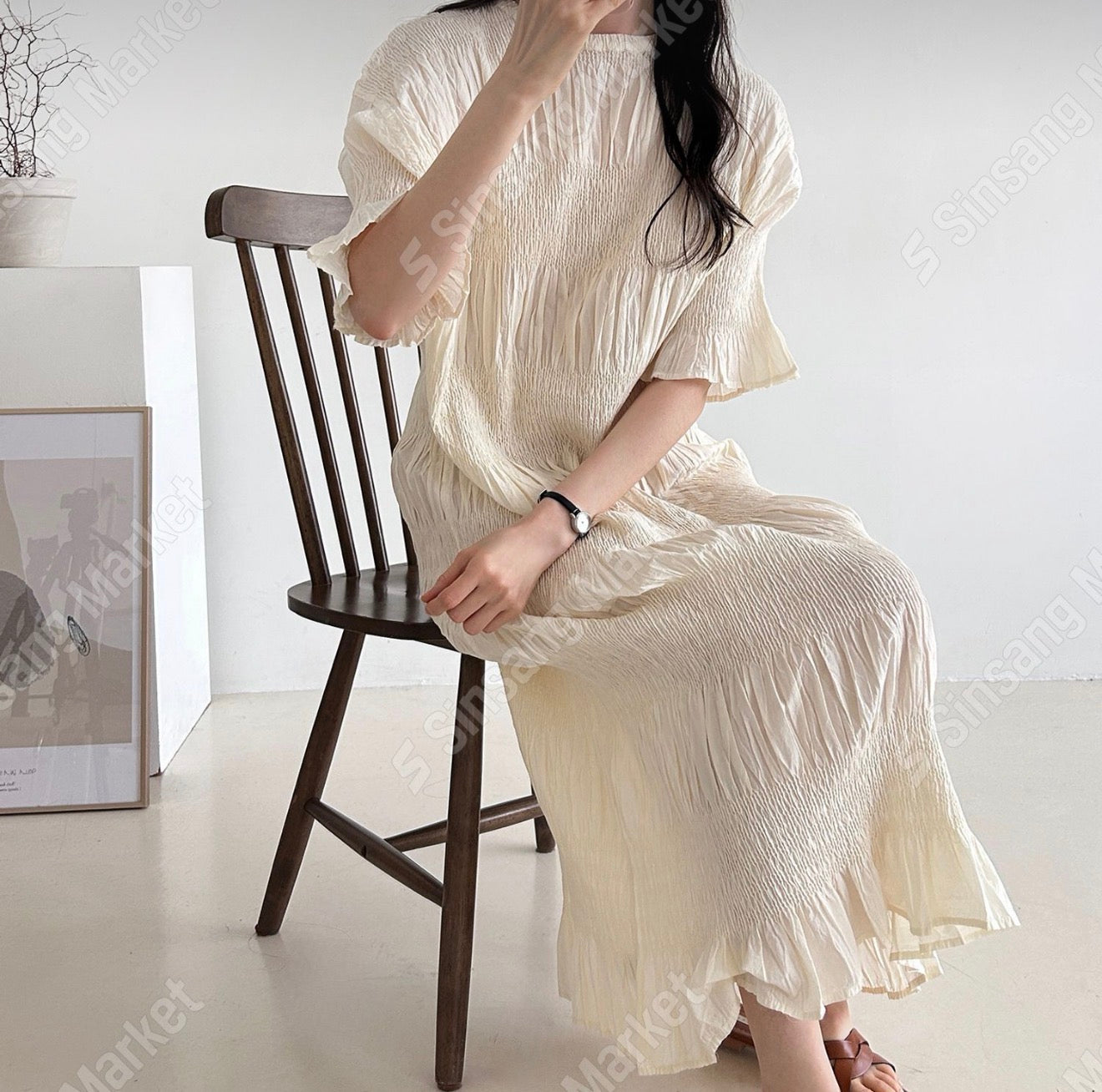 🌿 플리츠 스모그 이세 면 플리츠 롱 원피스 │ Issey Smocked Cotton Pleated Maxi Dress · 캡소매 · 체형커버 · 휴양지원피스 · 내추럴무드 · 55~77반 추천