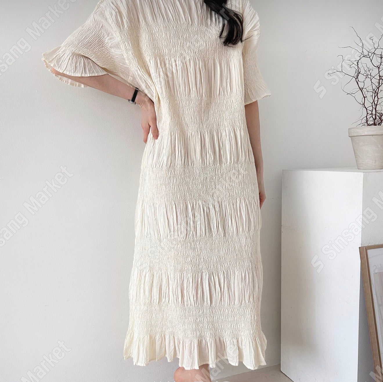 🌿 플리츠 스모그 이세 면 플리츠 롱 원피스 │ Issey Smocked Cotton Pleated Maxi Dress · 캡소매 · 체형커버 · 휴양지원피스 · 내추럴무드 · 55~77반 추천