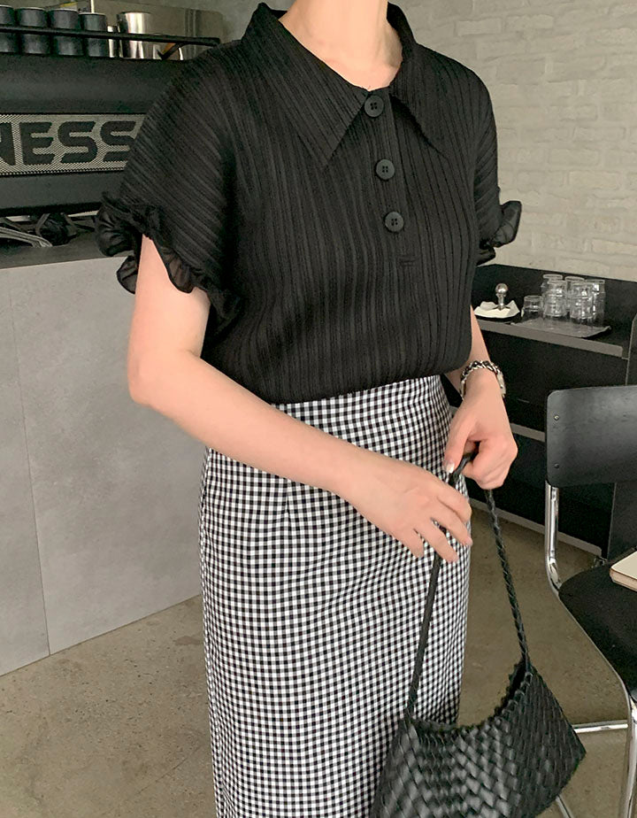 ✨ [77까지]프릴 레이스 플리츠 카라넥 블라우스 | 셔링 반팔 플리츠 블라우스 | 여성스러운 데일리룩 오피스룩 하객룩 모임룩 출근룩 카라 블라우스 ✨ Frill Lace Pleated Collar Blouse | Shirring Short Sleeve Pleated Blouse | Elegant Everyday, Office & Dressy Blouse
