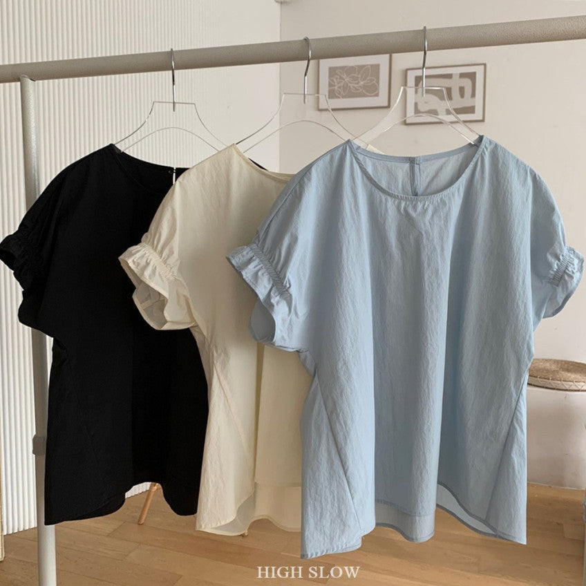 ✨ 럭키룸 블라썸 밴드 블라우스 퍼프소매 라운드넥 바스락 반팔 블라우스 데일리룩 여성 여름 블라우스 체형커버 러블리 블라우스 | Lucky Room Blossom Band Blouse Puff Sleeve Round Neck Lightweight Summer Blouse Casual Women's Top ✨