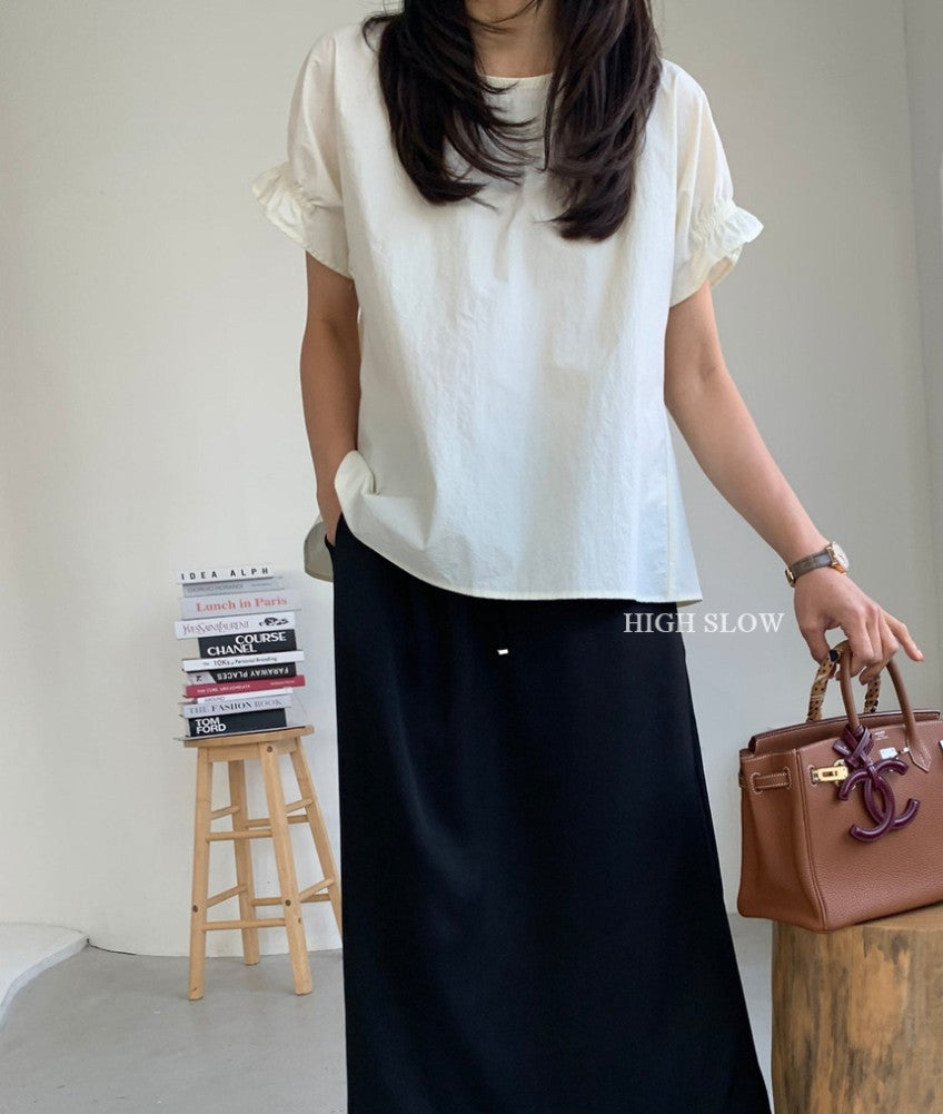 ✨ 럭키룸 블라썸 밴드 블라우스 퍼프소매 라운드넥 바스락 반팔 블라우스 데일리룩 여성 여름 블라우스 체형커버 러블리 블라우스 | Lucky Room Blossom Band Blouse Puff Sleeve Round Neck Lightweight Summer Blouse Casual Women's Top ✨