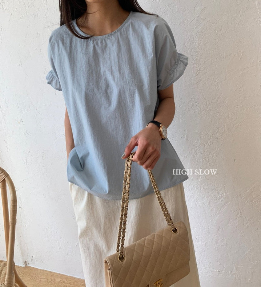 ✨ 럭키룸 블라썸 밴드 블라우스 퍼프소매 라운드넥 바스락 반팔 블라우스 데일리룩 여성 여름 블라우스 체형커버 러블리 블라우스 | Lucky Room Blossom Band Blouse Puff Sleeve Round Neck Lightweight Summer Blouse Casual Women's Top ✨