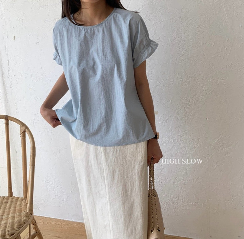 ✨ 럭키룸 블라썸 밴드 블라우스 퍼프소매 라운드넥 바스락 반팔 블라우스 데일리룩 여성 여름 블라우스 체형커버 러블리 블라우스 | Lucky Room Blossom Band Blouse Puff Sleeve Round Neck Lightweight Summer Blouse Casual Women's Top ✨