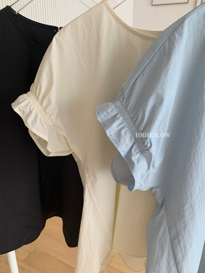 ✨ 럭키룸 블라썸 밴드 블라우스 퍼프소매 라운드넥 바스락 반팔 블라우스 데일리룩 여성 여름 블라우스 체형커버 러블리 블라우스 | Lucky Room Blossom Band Blouse Puff Sleeve Round Neck Lightweight Summer Blouse Casual Women's Top ✨