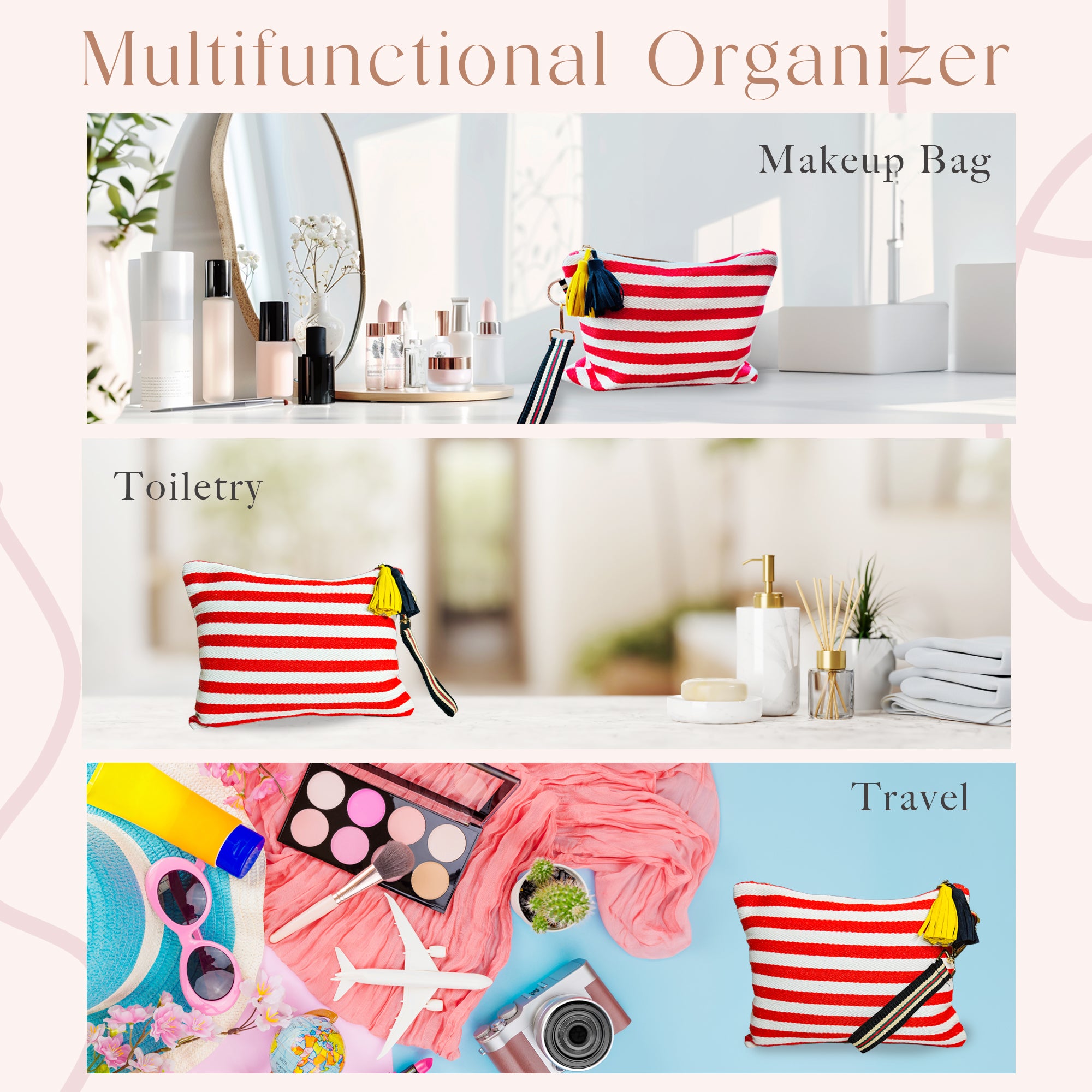 멀티 메이크업 파우치(레드)/ Striped Canvas Multi Pouch(Red) – Makeup · Travel · Everyday Organizer