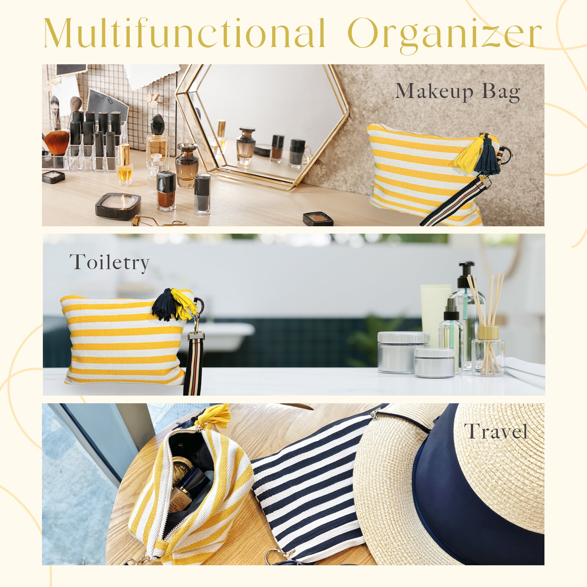 멀티 메이크업 파우치(노랑) / Striped Canvas Multi Pouch(Yellow) – Makeup · Travel · Everyday Organizer