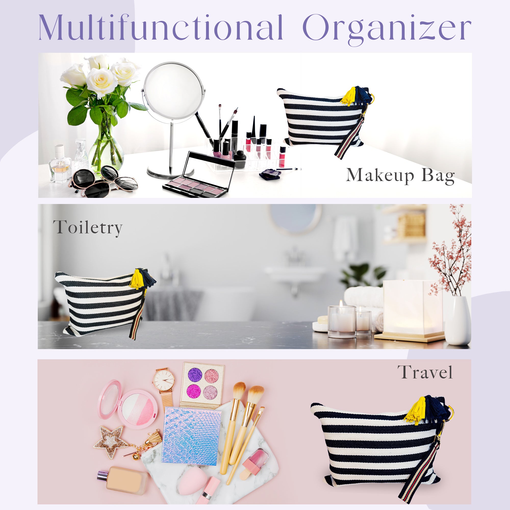 멀티 메이크업 파우치(검정)/ Striped Canvas Multi Pouch – Makeup · Travel · Everyday Organizer(Black)