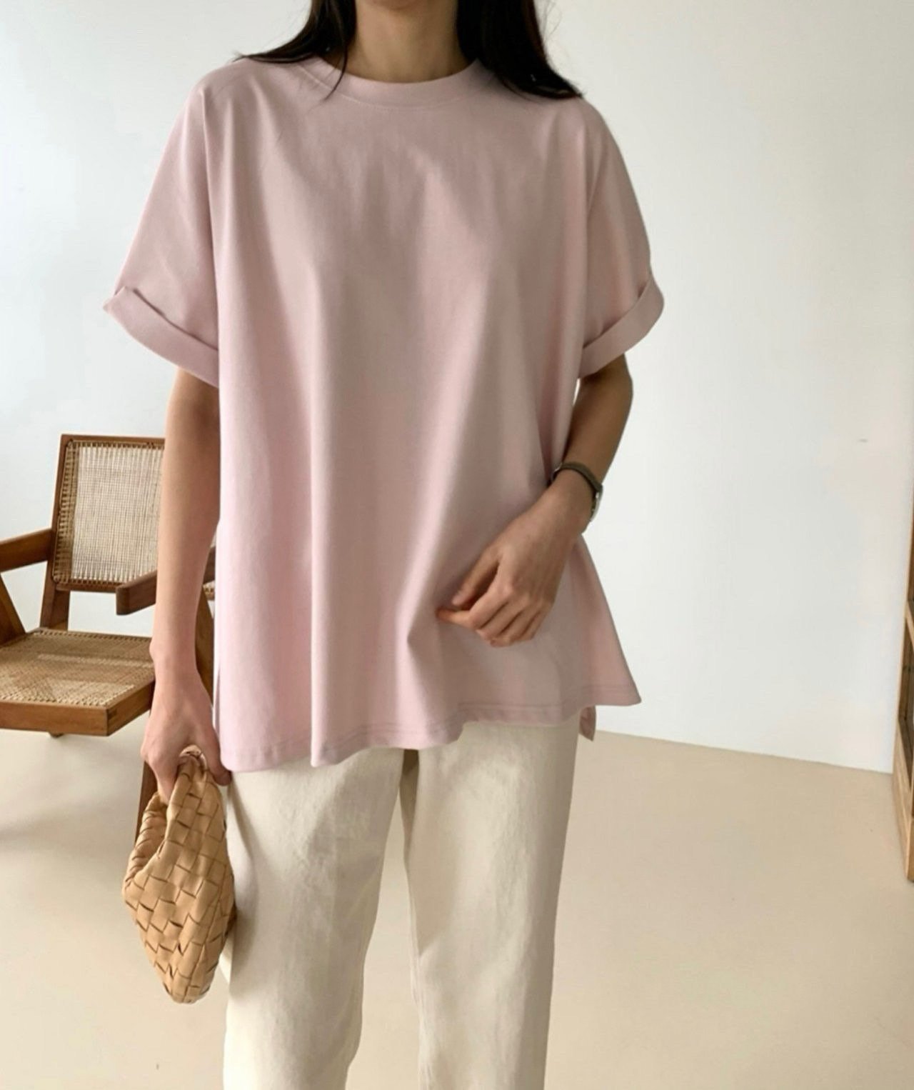 ✨👚 럭키룸 카브라 트임 티셔츠 – 분또 원단 A라인핏 루즈핏 데일리 티셔츠 / 미시 데일리 루즈핏 탑 / 체형커버 트임 티셔츠 ✨ ✨👚 Lucky Room Cabra Side-Slit Tee – Premium Ponte Fabric A-Line Loose Fit Daily Top / Comfortable Everyday Oversized T-Shirt ✨